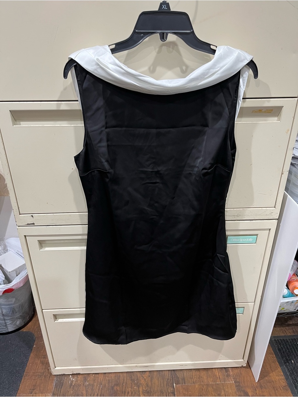 Classic Black Sleeveless Dress with White Cowl Collar